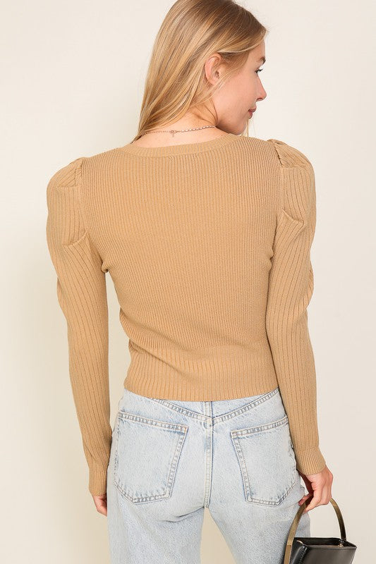 Ribbed Puff Sleeve Knit Top