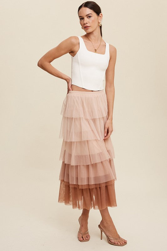 Gradient Style Tiered Mesh Maxi Skirt