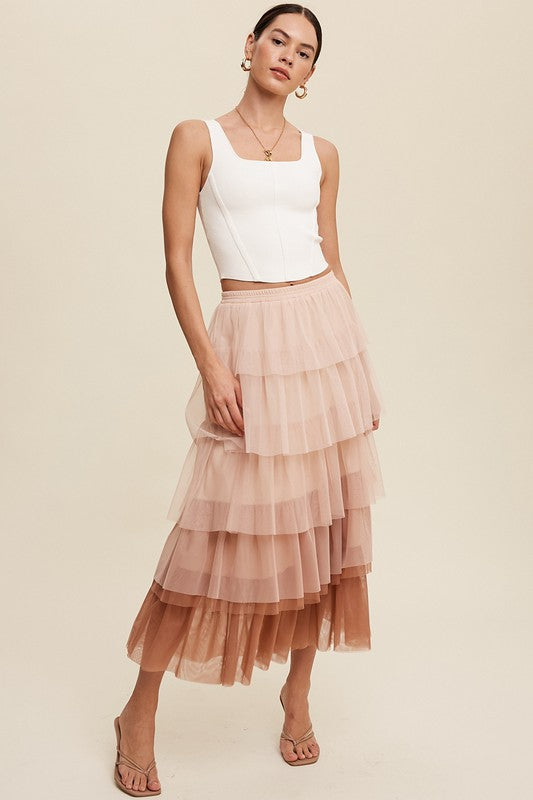 Gradient Style Tiered Mesh Maxi Skirt