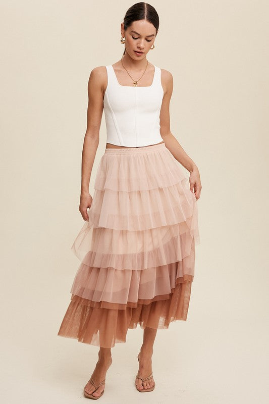 Gradient Style Tiered Mesh Maxi Skirt