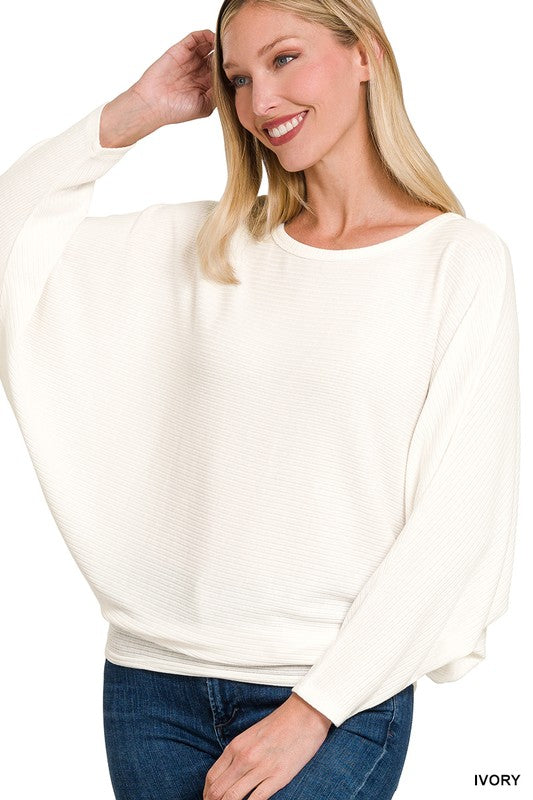 Ribbed Batwing Long Sleeve Boat Neck Sweater