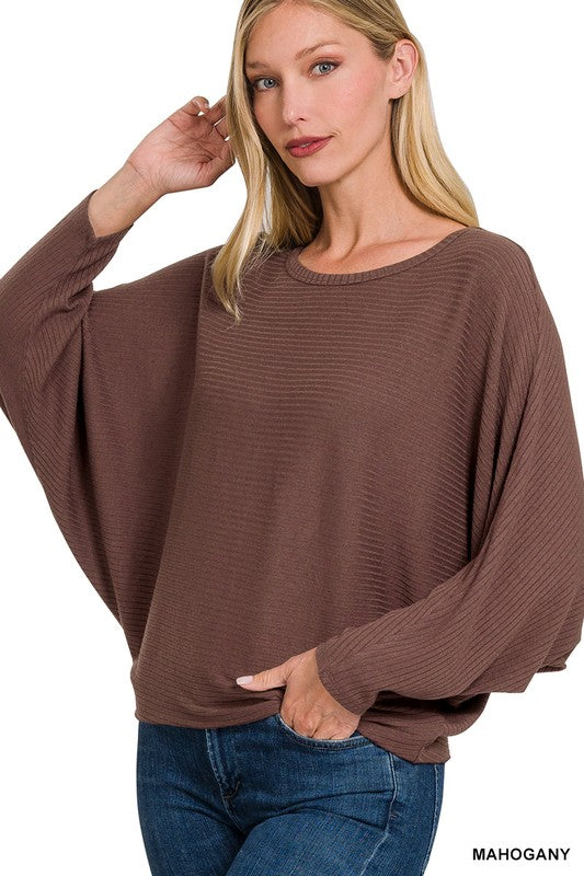 Ribbed Batwing Long Sleeve Boat Neck Sweater