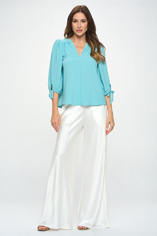 Solid V neck Top with Self Tie Sleeves