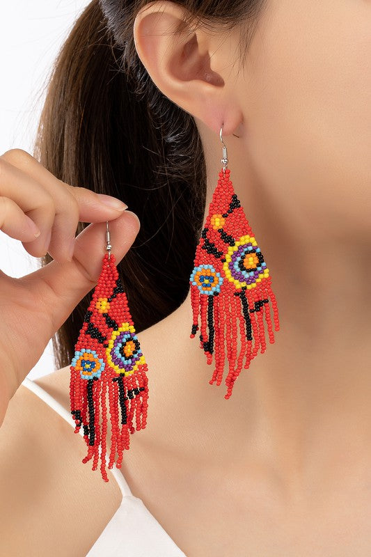 red flower seed bead drop earrings