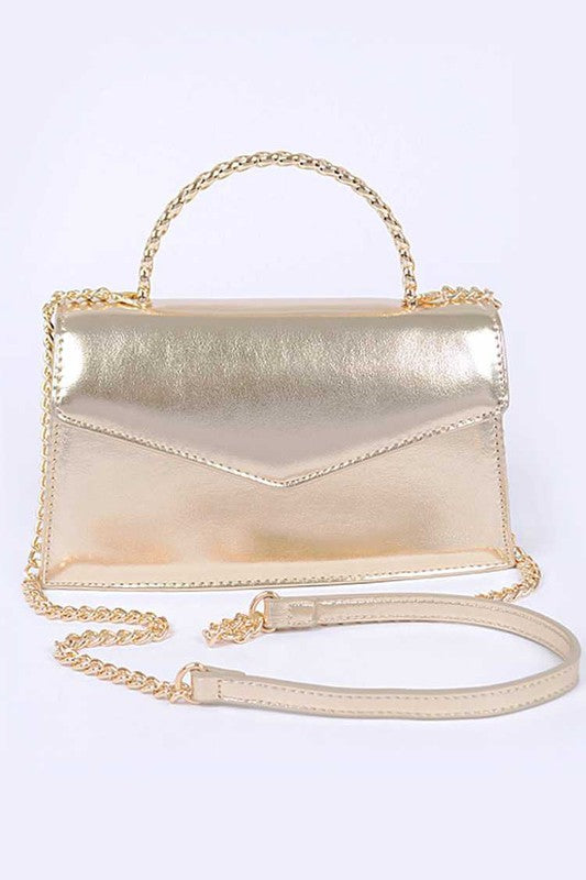 Metal Handle Metallic Leather Convertible Clutch