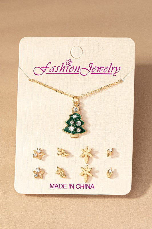 Christmas tree necklace and 4 pairs of stud set