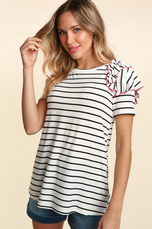 STRIPE DOUBLE RUFFLE FRILL SHORT SLEEVE TOP