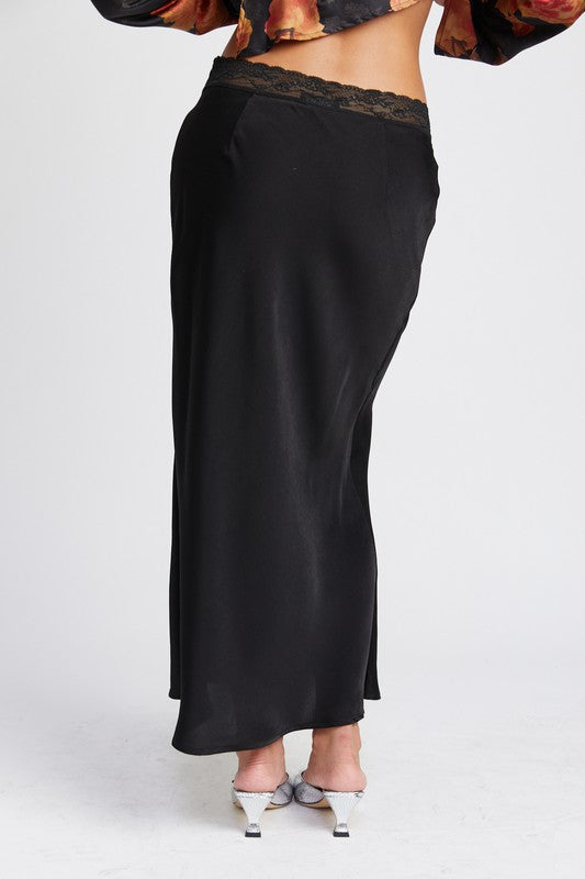 SATIN MIDI SKIRT WITH LACE DETAIL