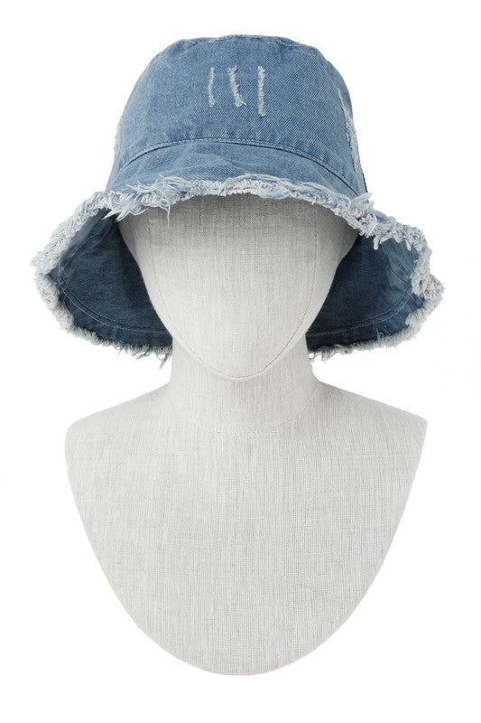 Distressed Denim Bucket Hat with Wired Brim