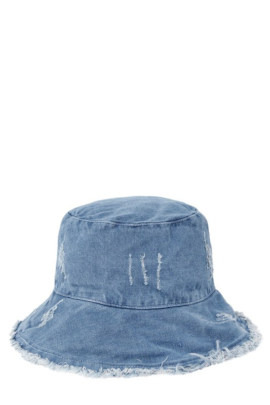 Distressed Denim Bucket Hat with Wired Brim