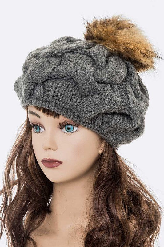 Large Fur Pom Cable Knit Beret Beanie