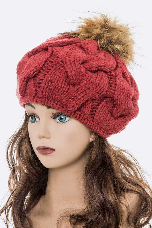 Large Fur Pom Cable Knit Beret Beanie