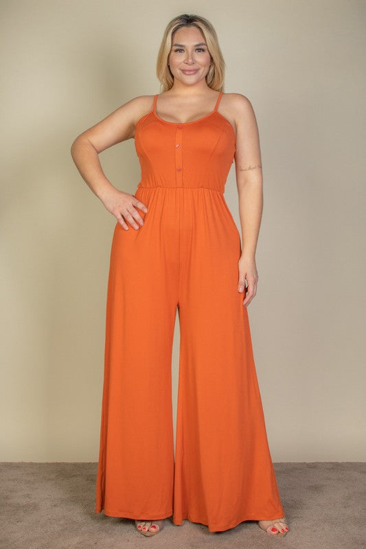 Plus Size Button Front Wide Leg Jumpsuit