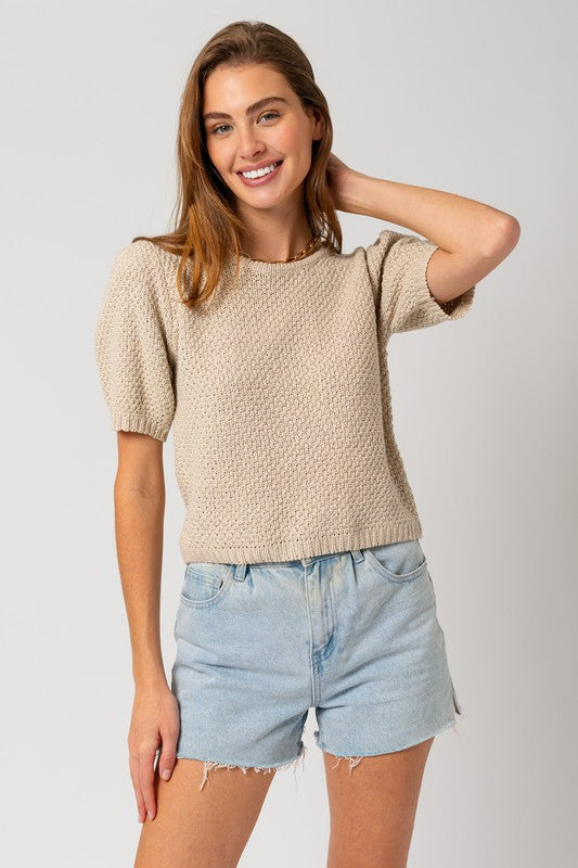 Puff Sleeve Round Neck Texture Sweater Top
