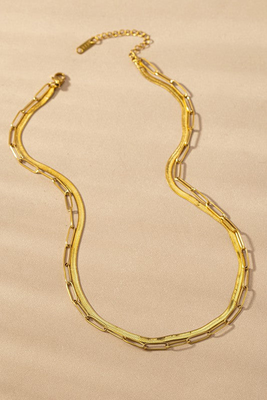 2 LAYER PAPER CLIP AND HERRINGBONE CHAIN NECKLACE