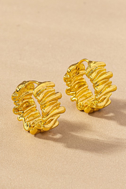 Brass ruffled ribbon huggie hoop earrings