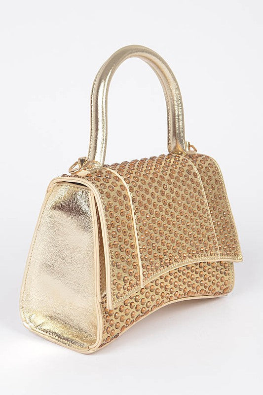 Rhinestone Metallic Top Handle Crossbody Bag