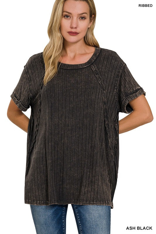 Ribbed Raglan Dolman Sleeve Boat-Neck Top