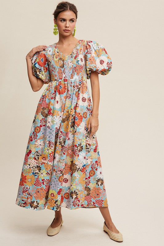 Flower Print Smocked V-neck Puff Sleeve Maxi Dress