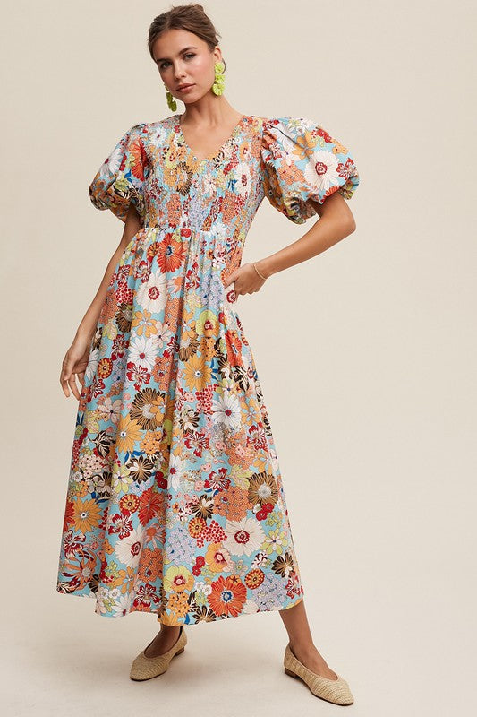 Flower Print Smocked V-neck Puff Sleeve Maxi Dress