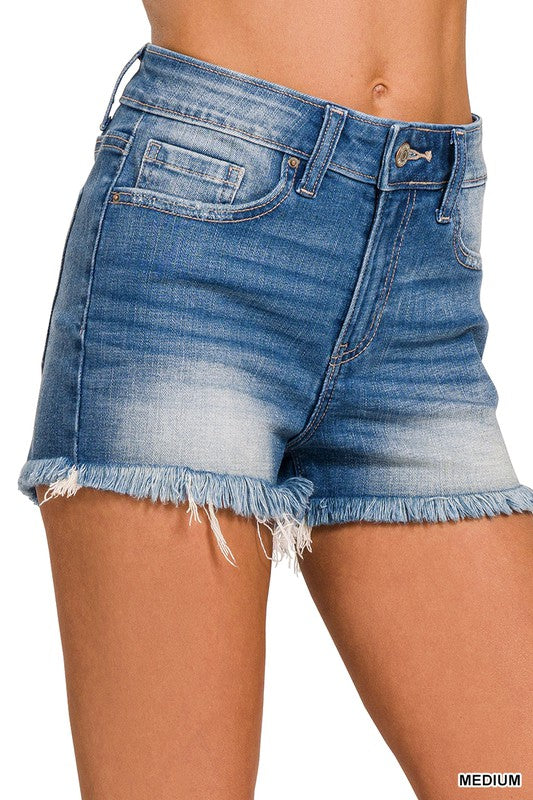 Mid Rise Raw Frayed Hem Denim Shorts