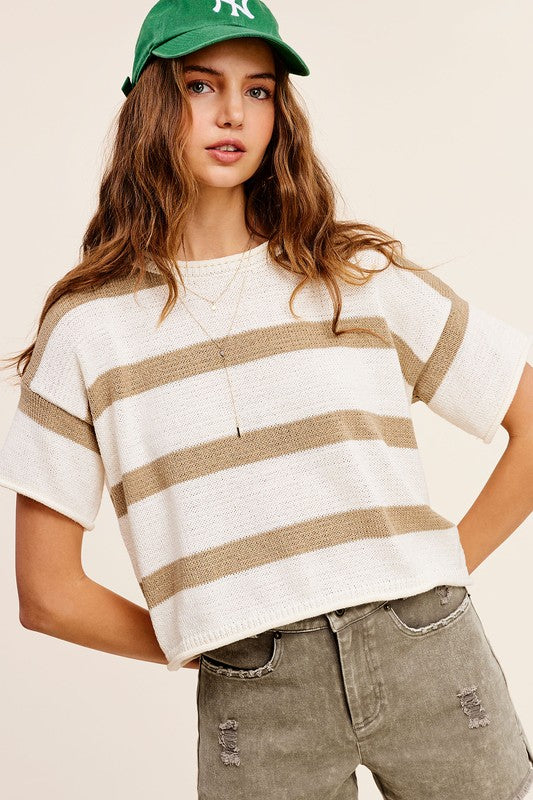 Lightweight Stripe Sweater Short Sleeve Top