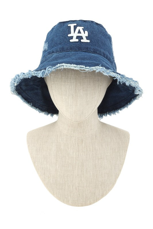 Distressed Denim LA Bucket Hat with Wired Brim