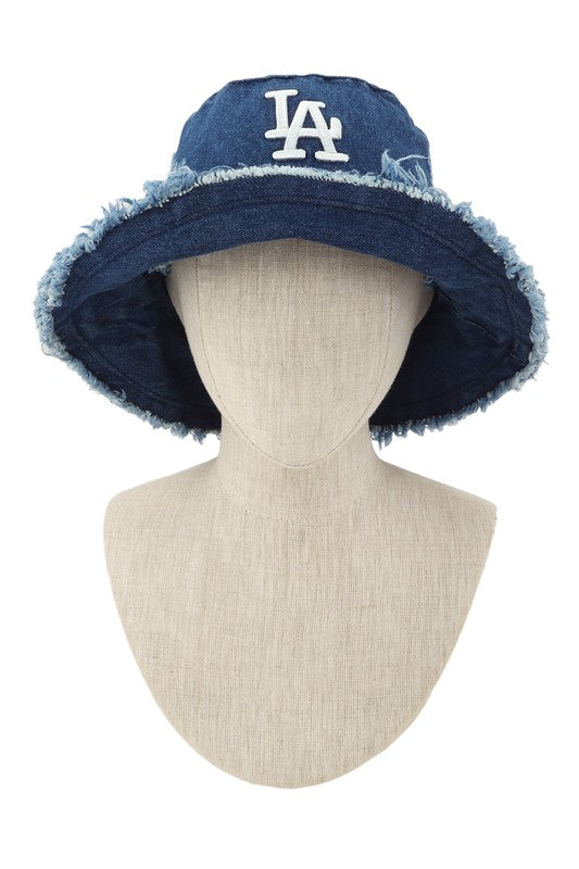 Distressed Denim LA Bucket Hat with Wired Brim