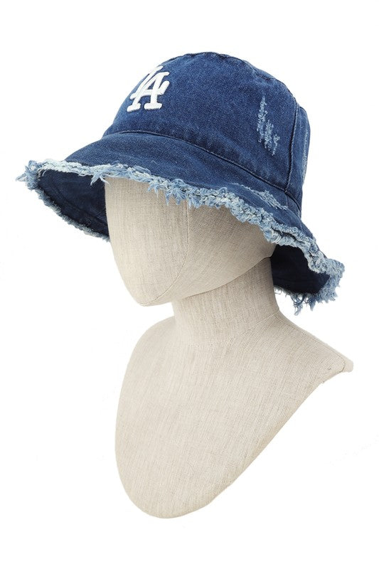 Distressed Denim LA Bucket Hat with Wired Brim