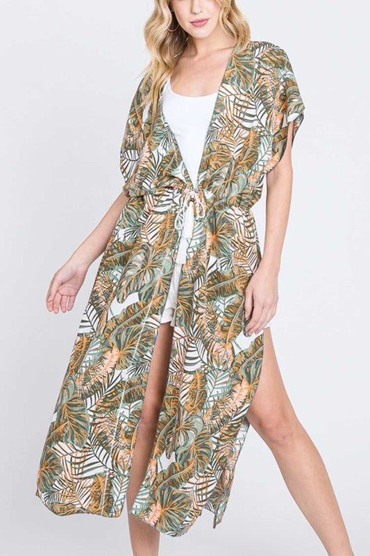 Tropical Print Long Kimono Duster Cardigan