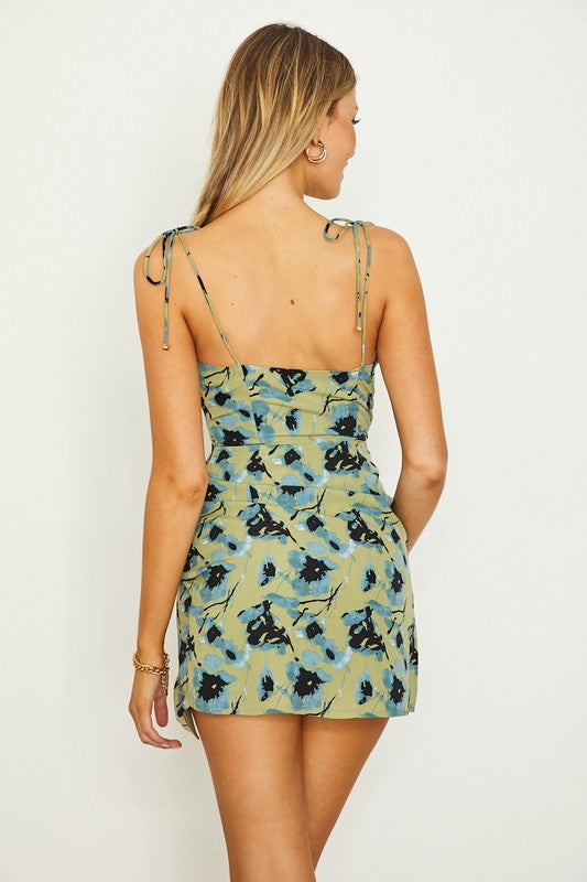 Floral print tied shoulder cowl front slip mini dress