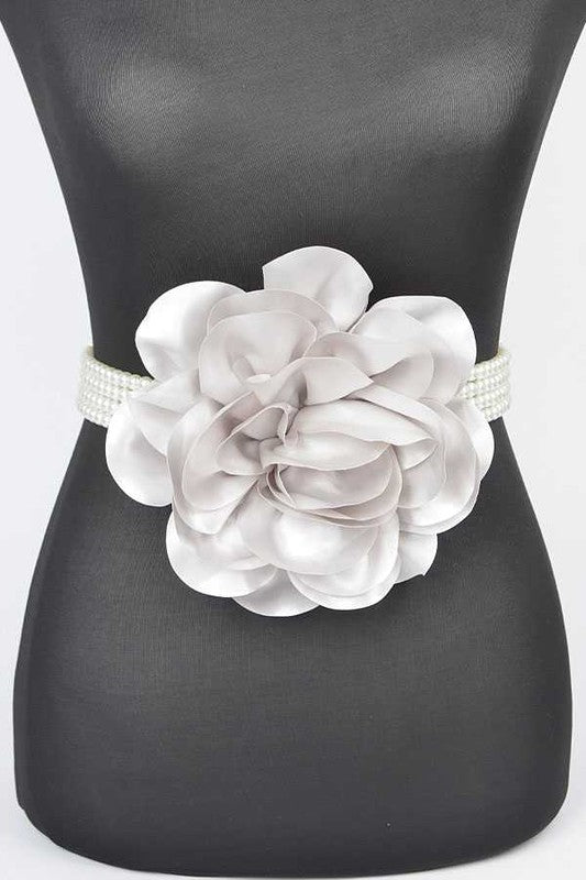 Oversize Satin Flower Pearl Strand Elastic Belt