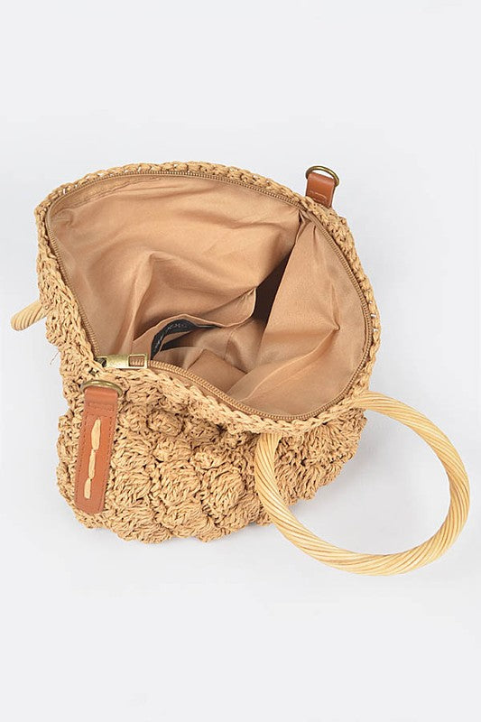 Wooden Handle Crochet Straw Circle Bag