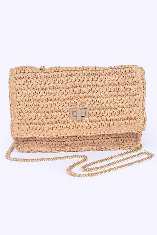 Faux Straw Turn Lock Shoulder Bag