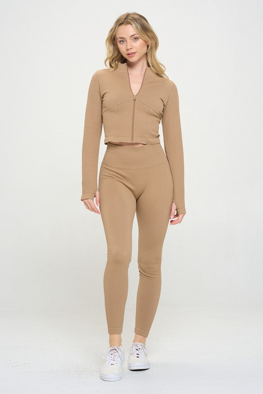 Seamless Ribbed Tracksuit Zip-up Two-Piece Set