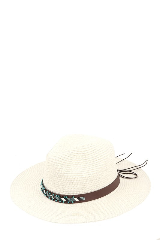 Turquoise Beads Decorated Band Straw Hat