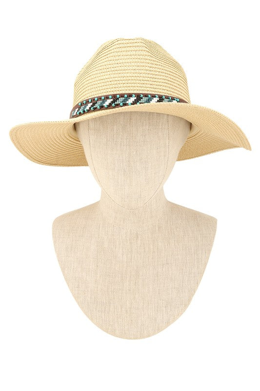 Turquoise Beads Decorated Band Straw Hat