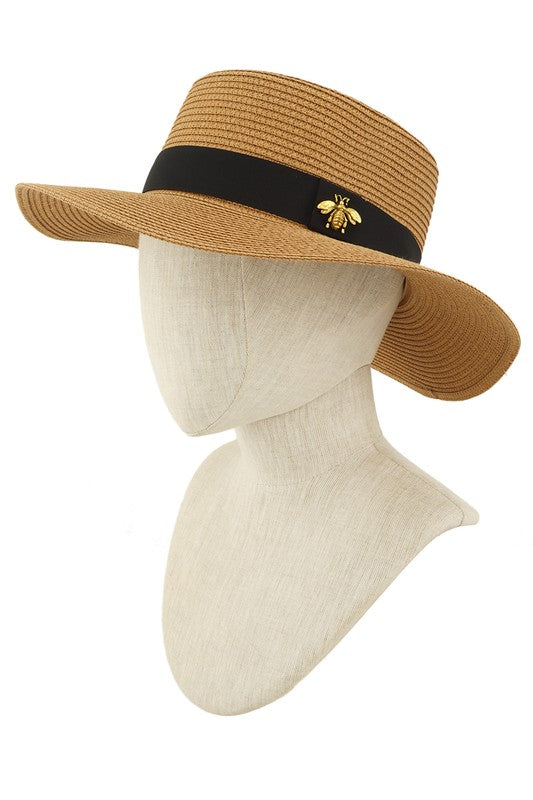 Bee Charm Black Band Flat Top Straw Hat