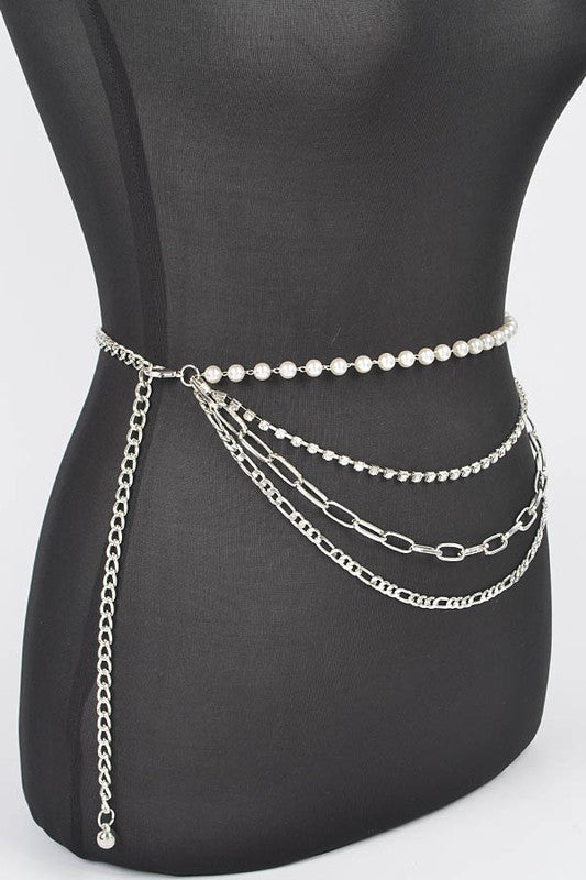 Rhinestone Pearl Station Layered Chain Belt