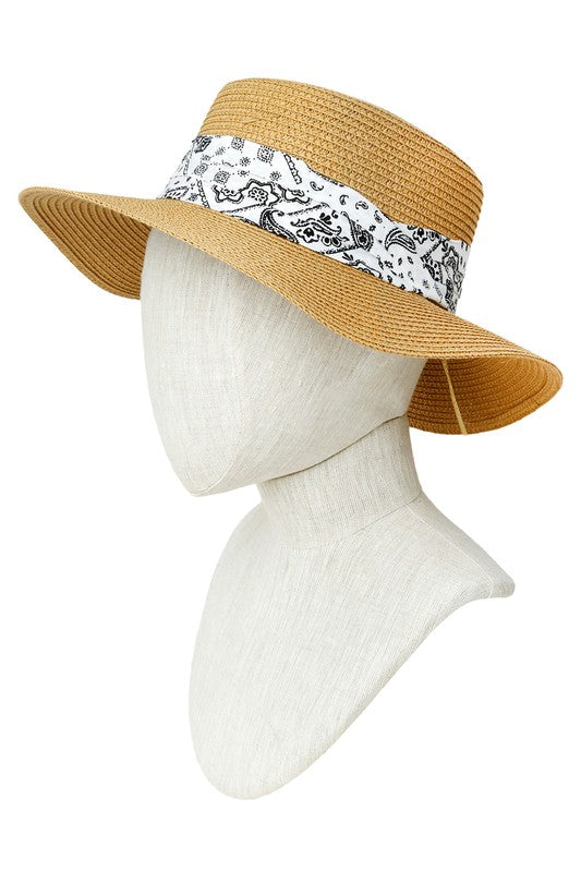 Bandana Wrap Flat Top Straw Hat