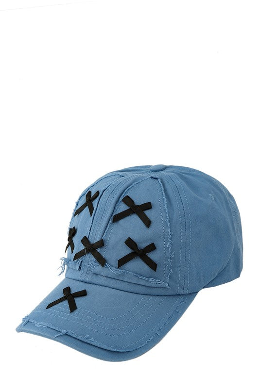 Acid Wash Distressed and Ribbon Base Ball Cap