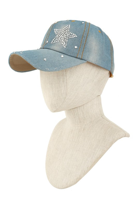 Rhinestone Star and Denim Baseball Cap