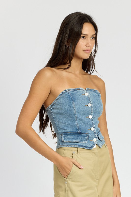 BUTTON FRONT DENIM BUSTIER TOP