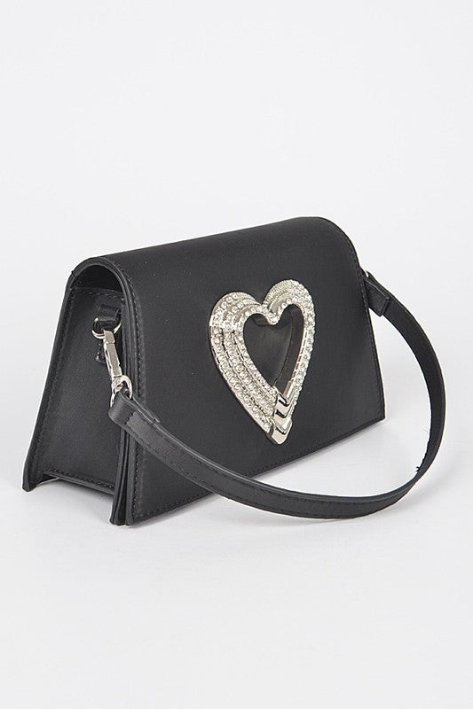 Crystal Heart Satin Top Handle Convertible Clutch