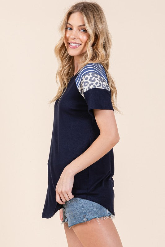 Contrasted Sleeve Ribbed Jersey Top