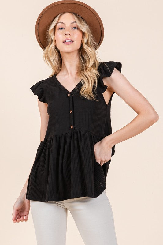 Textured Button Detailed Peplum Top