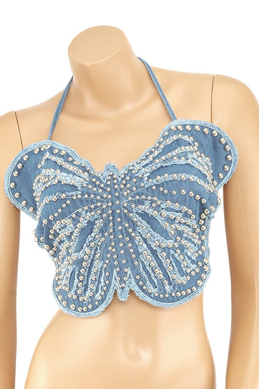 Denim Metal Stud Paved Butterfly Bralette