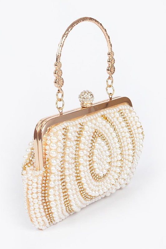 Pearl Rhinestone Beaded Top Handle Clutch Bag