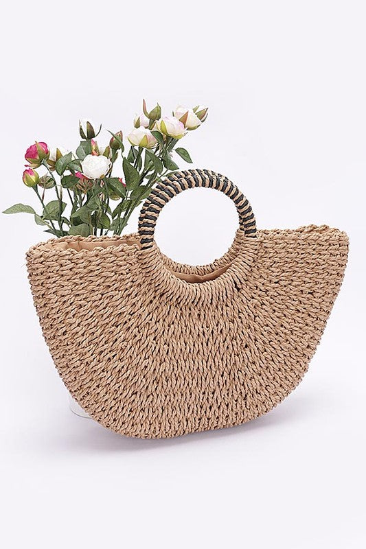 Top Handle Sea Shell Faux Straw Tote Bag