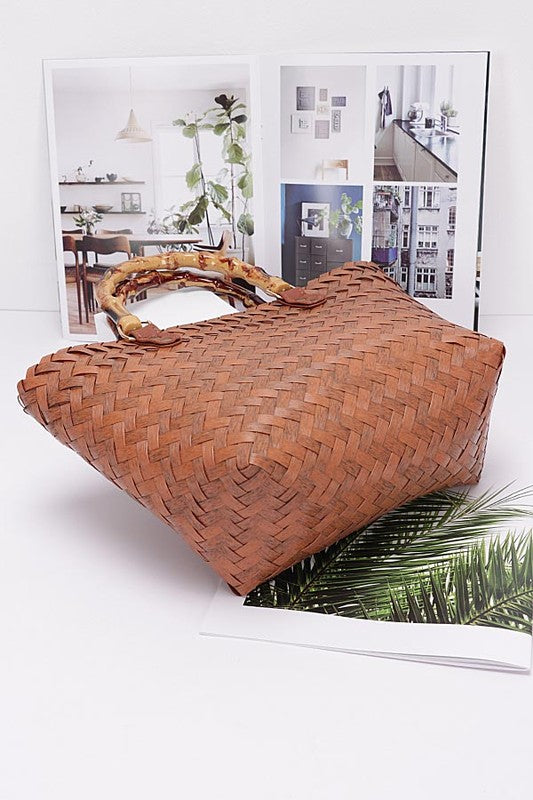 Faux Bamboo Top Handle Weaved Basket Tote